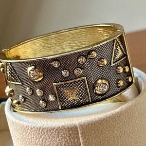 Gold Tone Cuff Rhinestone Geometric Pattern Spring Hinged Statement Bracelet